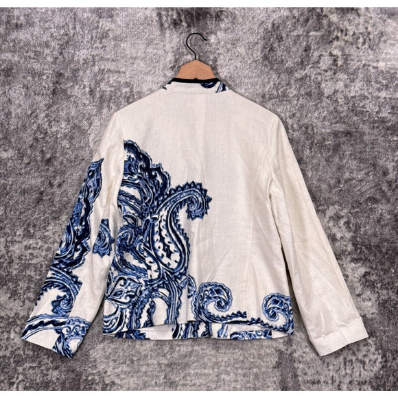 Chicos Jacket 1 / Medium Womens Linen White & Blue Paisley Spring Summer - Picture 3 of 7